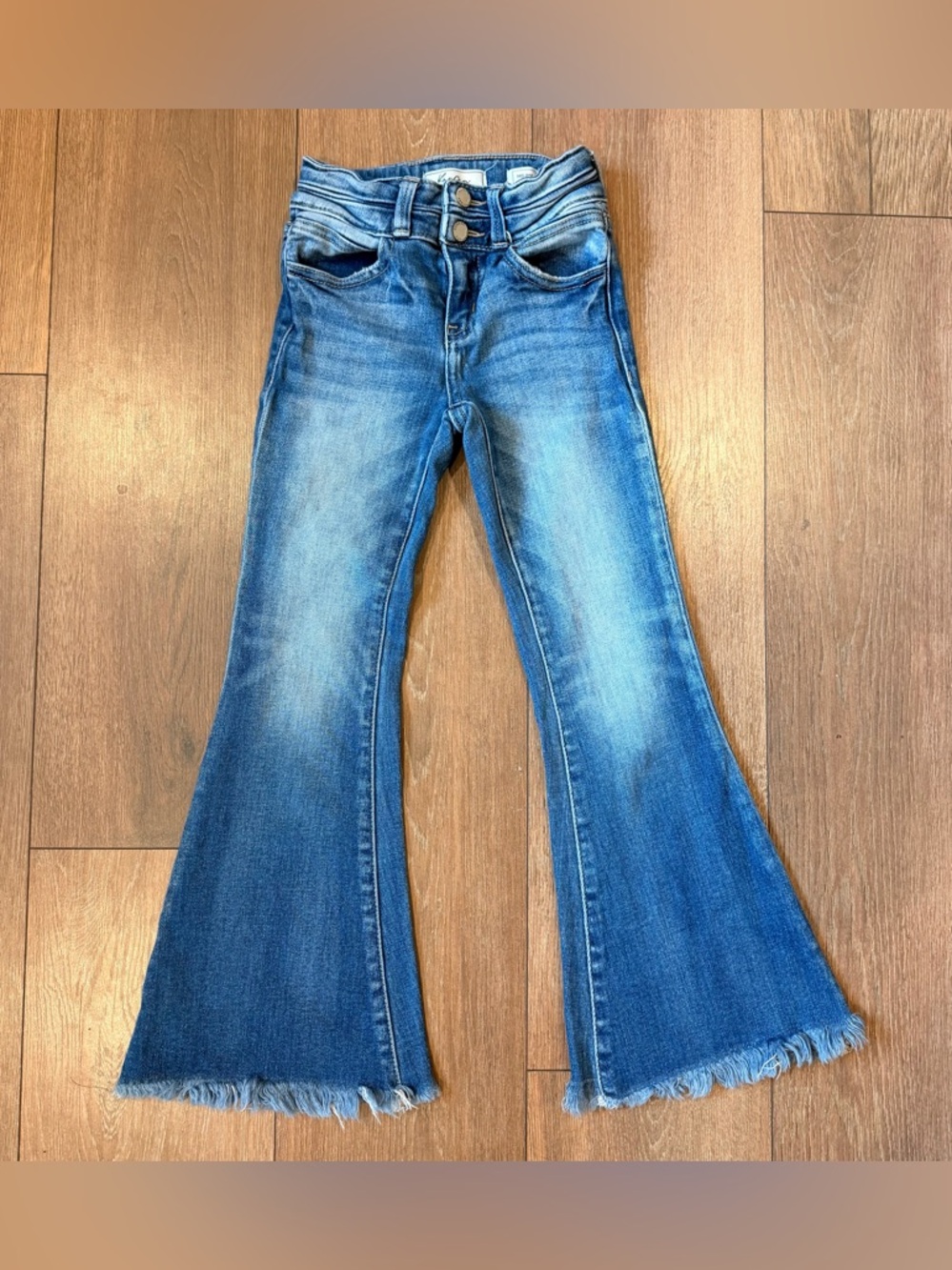 KanCan Girls Flare Jeans Size 6 Mid Rise Frayed Hem Stretch Denim Boho